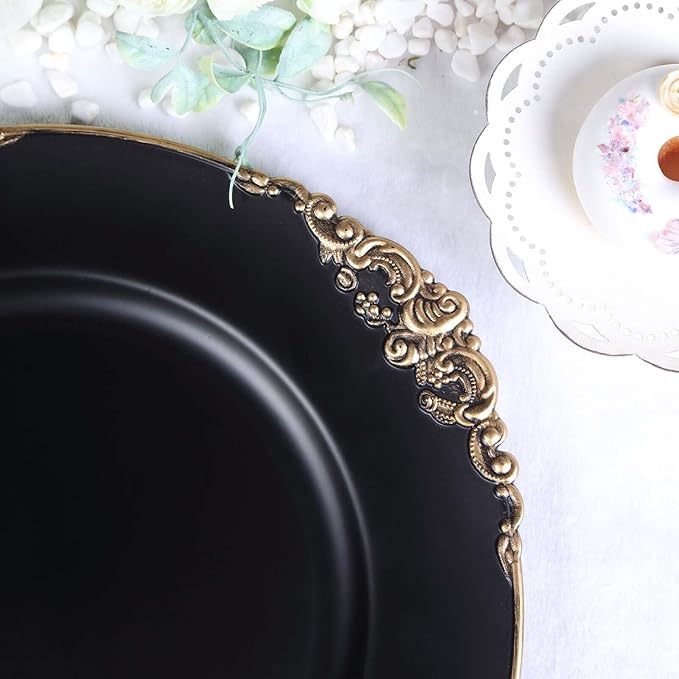 13" Charger Plates -Set of 12 - Acrylic Black Round Baroque Disposable Chargers Leaf Embossed Rim, Ideal for Dinner Party Wedding Bulk Events