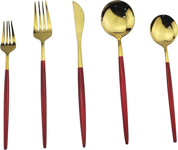 Gugrida Shiny Silverware Set, Elegant Life 5-Piece Stainless Steel Flatware Set Service for 1, Include Fork Spoon Knife, Tableware Cutlery Set for Home and Restaurant, Safe in Dishwasher（Red/Gold）