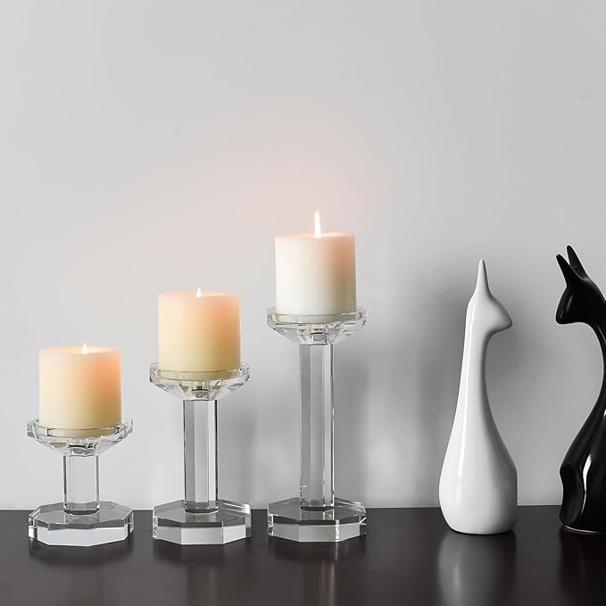 kitCom Crystal Candle Holders Set of 3, Crystal Candlestick Holders for Taper, Long Candles - Home Decoration, Wedding, Housewarming and Graduation Gifts