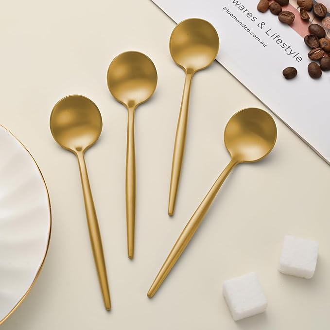 5.1 Inches Satin Gold Coffee&Tea Spoons,Small Demitasse Spoon,Mini Spoons For Stirring,Gold Teaspoons Set Of 4 SS18/10 Solid Round Spoon