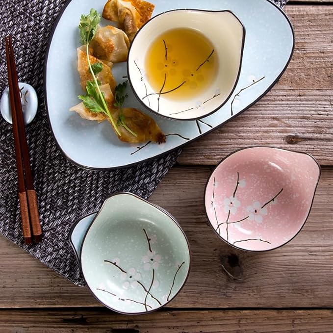 Dipping Bowls Japanese Style Ceramic Rice Bowl Dessert Bowl Creative Snack Bowl with Handle Seasoning Bowl Home Side Dish Plate Appetizer Bowls(Pink Colour)