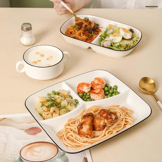 10inch Ceramic Divided Plates Set of 2,3 Compartment Portion Control Plate,Reusable Bariatric Plate for Adults,White Dinner Plates for Balanced Meal,Rectangular Porcelain Serving plates