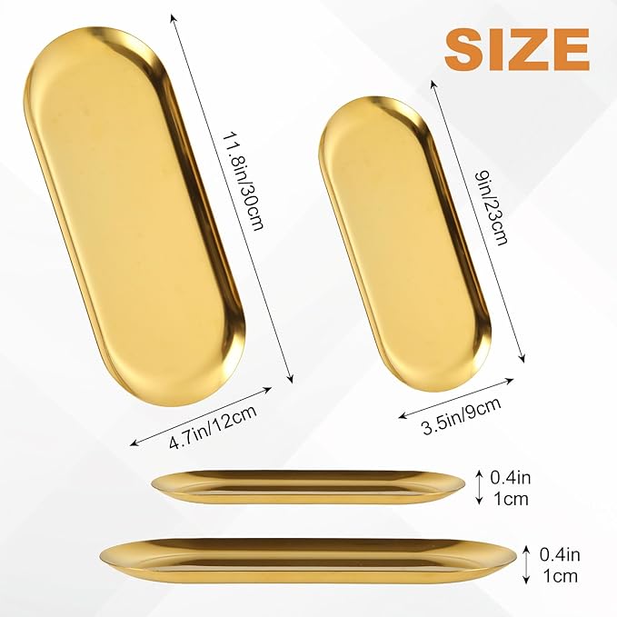 4PCS 304 Stainless Steel Serving Tray Set Gold Platters for Serving Food Large Metal Trays Decorative 12" 9” Long Plate Oval Storage Trays Thickened Serving Dishes for Party Buffet Sushi Snack