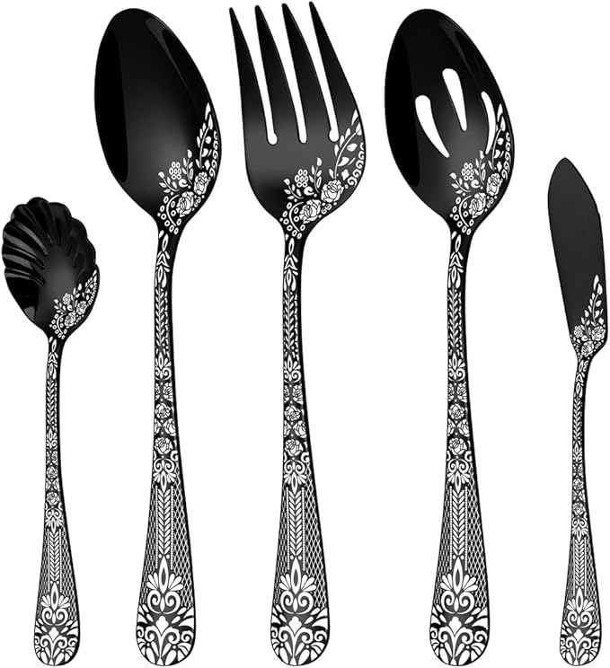 EUIRIO 5PCS Serving Utensils,Serving Set Includes Large Serving Spoon Slotted Serving Spoon Serving Fork Sugar Spoon&Butter Knife,Stainless Steel Flatware Serving set for Buffet Party,Dishwasher Safe