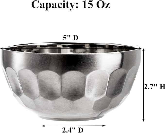 Okllen 6 Pack 18/8 Stainless Steel Snack & Soup Bowls, 15 Oz Non-slip Double-walled Insulated Set