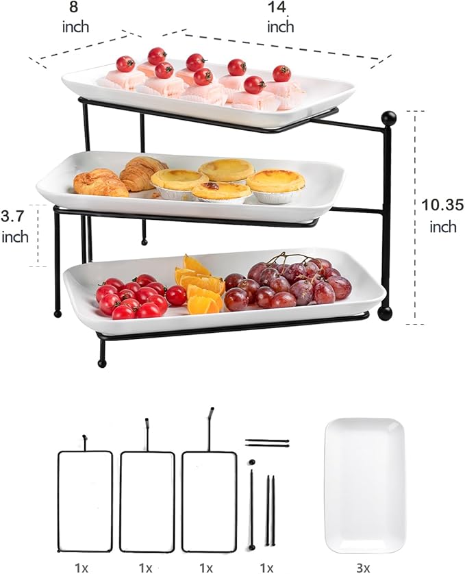 3 Tiered Serving Tray with White Porcelain Platters,Tiered Serving Stand Food Display Stand, Tiered Serving Trays & Platters, Rotatable Foldable Rectangular Plates for Dessert, Brithday Party & Events