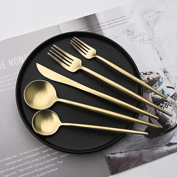 Flatware Set 18/10 Stainless Steel Matte Champagne Gold - Kitchen Utensil Serving Set of Dinner Fork Knife Spoons Salad Fork Dessert Spoon,20 Piece, for Home Kitchen Hotel (Champagne Gold)