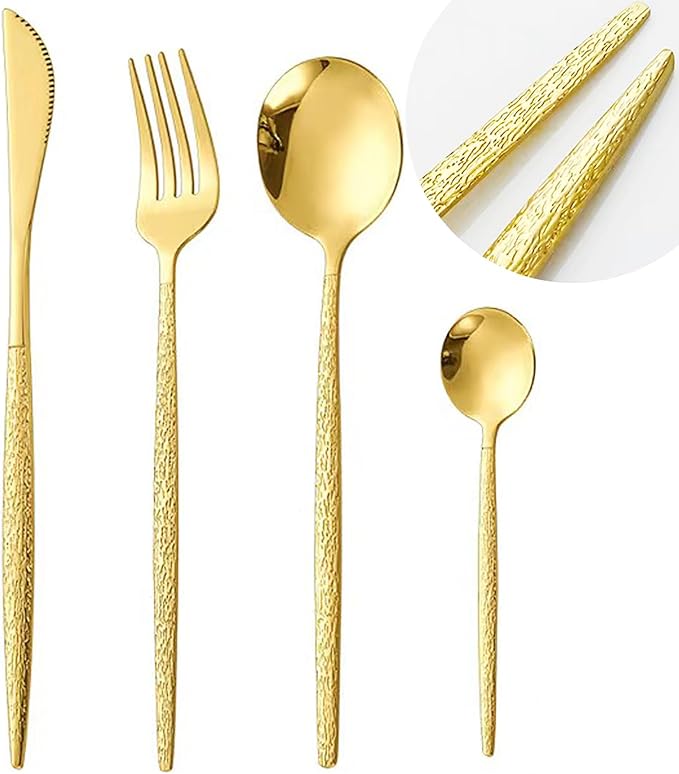 Silverware Set for 4, 16 Piece, Food Grade Stainless Steel Flatware Set, Hammered Gold Cutlery Set For Home Kitchen Restaurant Hotel, Mirror Polished Serving Utensils Set, Forks/Steak Knife/Spoons