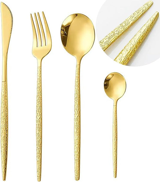 Silverware Set for 4, 16 Piece, Food Grade Stainless Steel Flatware Set, Hammered Gold Cutlery Set For Home Kitchen Restaurant Hotel, Mirror Polished Serving Utensils Set, Forks/Steak Knife/Spoons