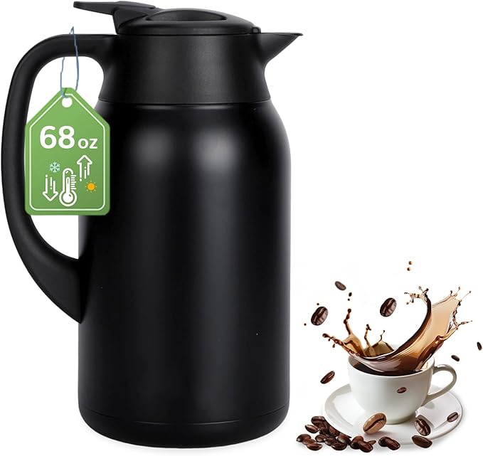 68 oz Coffee Carafe for Keeping Hot - 12 Hour Hot Drinks and 24 Hour Cold Drinks Stainless Steel Insulated Pot with Anti-Drip Spout, 316 Food Grade Thermal carafe Pot for Home/Camping/Office Black