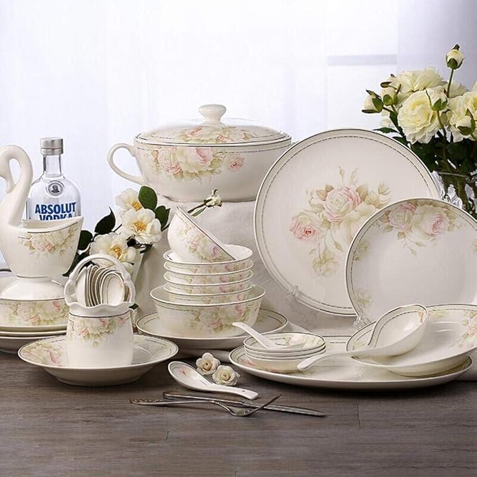Elegant Flowers Pattern Ceramics Combination Tableware Set of 46 Pieces Plates Bowls Dish Soup Pot Dinner Set for Banquet Wedding Gifts
