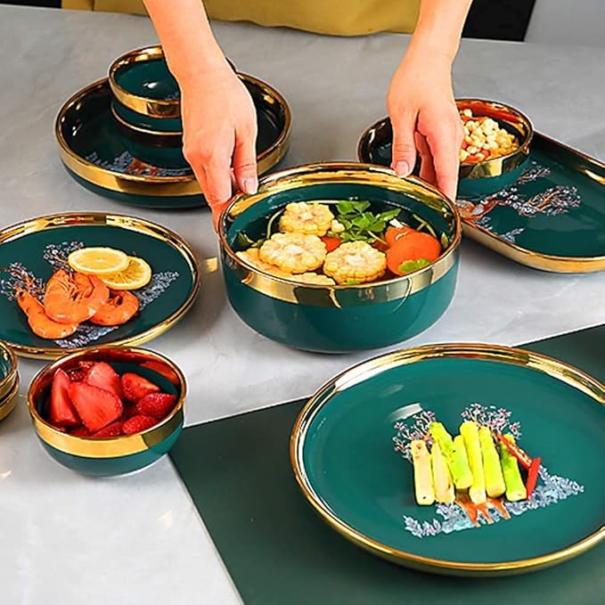Dining Plate Set 33 Pcs Dinnerware Sets European Style Porcelain Tableware Set with Plates and Bowls Green Auspicious Deer Ceramic Dinner Set (Green 10pcs)