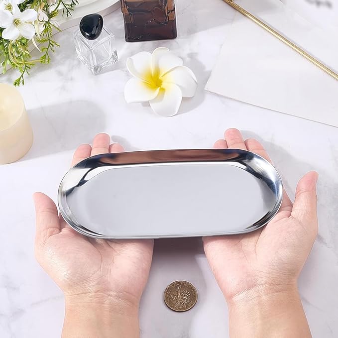CRASPIRE 7 x 3.47 inch Small Silver Stainless Steel Trinket Tray Small Storage Trays Metal Jewelry Dish Food Plate Cosmetics Organizer for Serving Platter Jewelry Towel Bathroom Clutter Decorations