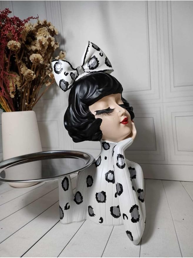 Serving Tray Girl Figurine White & Silver Leopard Design Decorative Platter Polyester Accent piece, 13.4 x 10.6 Inch - Multicolor, One Size