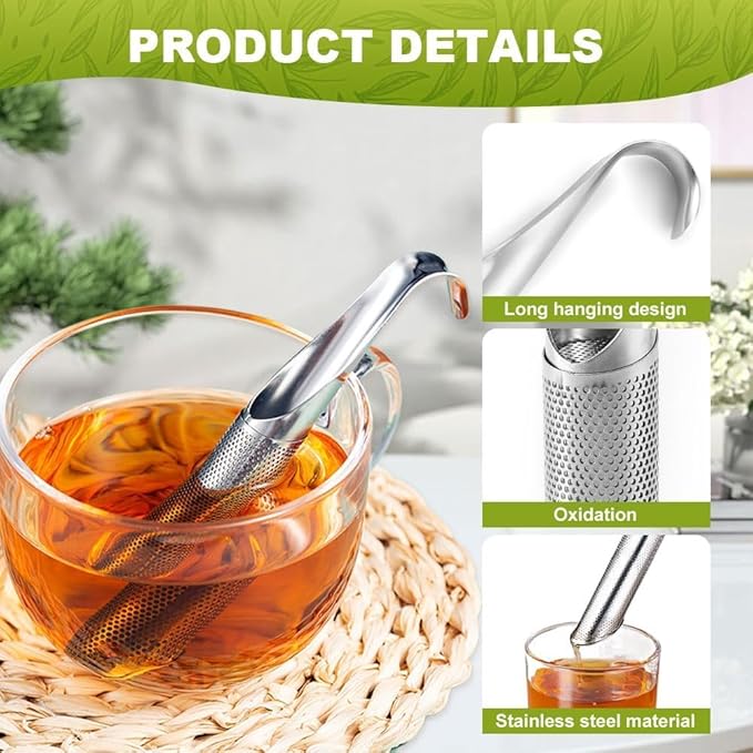 Stainless Steel Tea Diffuser, 2026 Upgrade Tea Pipe Tea Infuser Mesh Strainer with Hanging Hook Handle, Long Handle Tea Steeper Diffuser for Leaf Tea, Coffee, Spices, Seasonings - with Brush (2pcs)