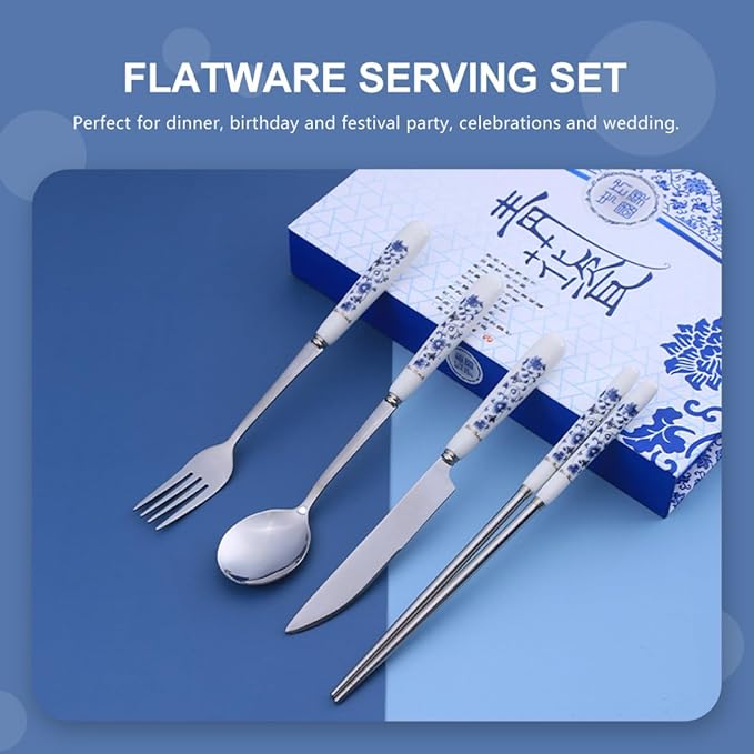 Luxshiny Blue and White Porcelain Flatware Set – Stainless Steel Fork, Spoon, Knife, and Chopsticks – Household Flatware Serving Kit for Home Dining and Party Use, 4pcs Tableware Set