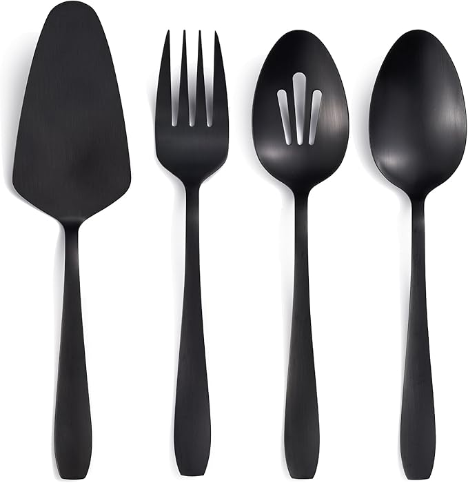 Matte Black Serving Set, 4-Piece Stainless Steel Large Hostess Set Include Slotted Spoon Serving Spoon Serving Fork and Cake Server, Ideal for Buffets, Home, Gatherings, Restaurant
