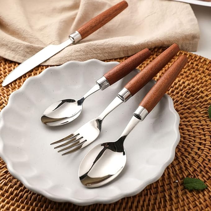 Wood Silverware Set for 6 Premium 18/10 Stainless Steel Flatware Set 24 Piece Wooden Cutlery Tableware Utensils Modern Knives Forks and Spoons Set for Home Kitchen Wedding Restaurant