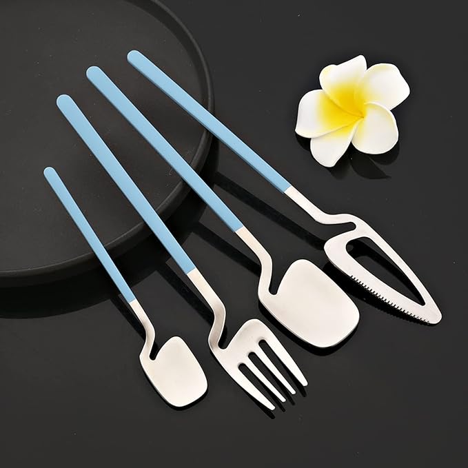 JASHII Silverware Set Satin Finish 24-Piece Stainless Steel Flatware Set Kitchen Utensil Set Service for 6 Tableware Cutlery Set Dishwasher Safe (Matte Blue Silver)