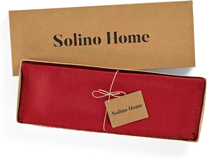 Solino Home Fringe Linen Placemats Set of 4-14 x 19 Inch Placemats Cherry Red - 100% Pure Linen Table Mats for Christmas, New Year