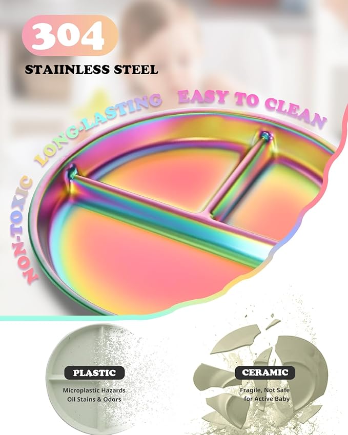 Stainless Steel Kids Plates 4 Packs, 8" Divided Toddlers Portion Control Plate, Non Toxic & BPA Free |Unbreakable |Dishwasher Safe Baby Snack Dish for Daycare, Colorful Meal Time Chums