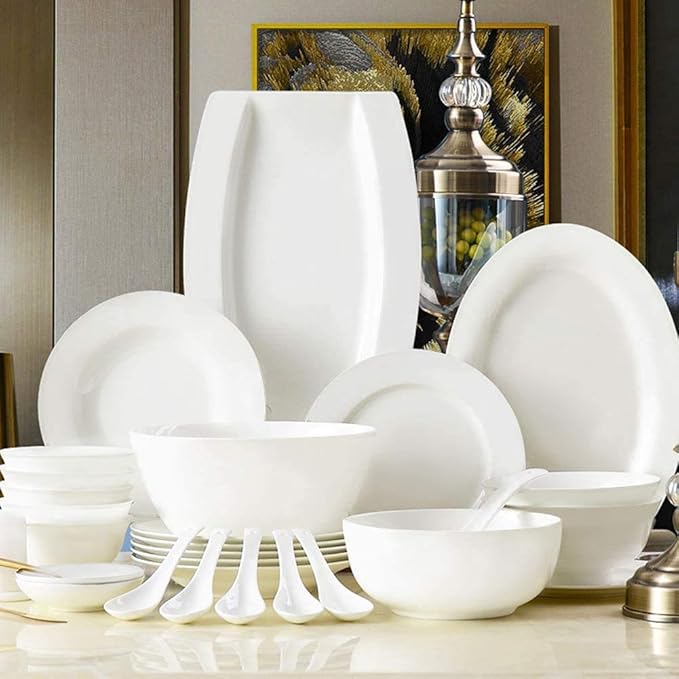 Dinner Plates Pottery Tableware 30 Pieces Pure White Dinnerware Set Palace Style Dishes for Family Banquet or Restaurant European Nobility's Choice Service for 6,