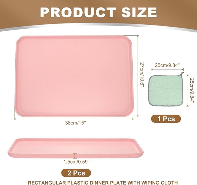 PATIKIL 15x10.6 Plastic Tray, 2 Pack Rectangular Plates Food Tray Wheat Plates Dishes Reusable Dessert Plate Trays with Cloth for Cake Fruits Salad Cupcake Steak Serving Pink