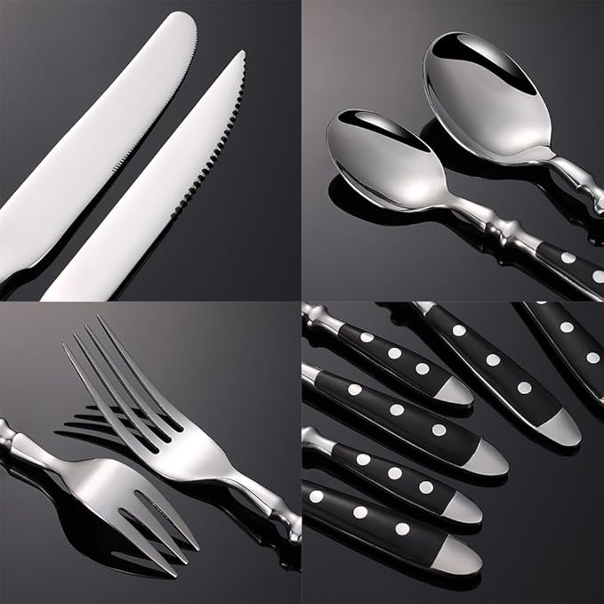 Rivet Handles Black Silverware Set Flatware Set for 14 Utensil Sets Forks Spoons And Knives Set Ergonomic Durable Polished Thanksgiving Christmas Essentials Family Gatherings Brand Packaging 84PCS