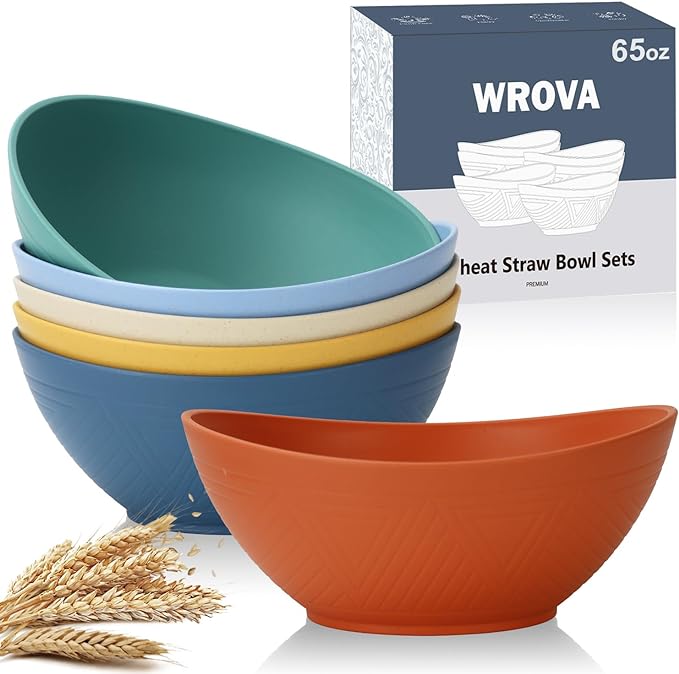 Wrova 65oz Big Salad Bowls - Large Wheat Straw Bowls set of 6 - Unbreakable Serving Bowls - Microwave & Dishwasher Safe Bowl for Cereal,Salad - Vibrant Series