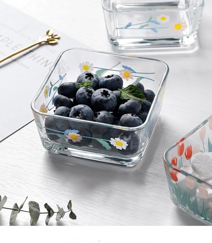 Ivymei Small Dessert Bowl Floral Candy Bowl Candy Dish,Mini Square Glass Bowl for Snack Yourt Icecream,Dipping,Side Dishes (white)