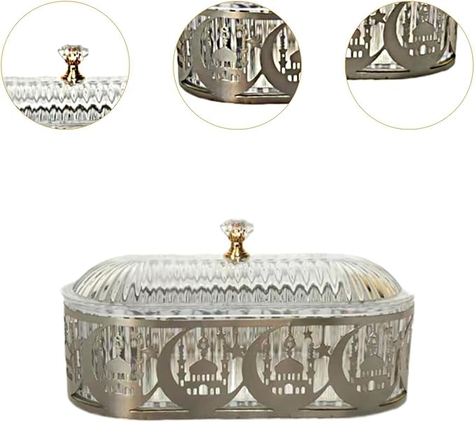 Eid Mubarak Snack Tray with Lid Ramadan Serving Trays Iron Candy Dish with Lid Desktop Storage Box Islam Eid Dinner Plate for Ramadan Mubarak Party Supplies - Silver