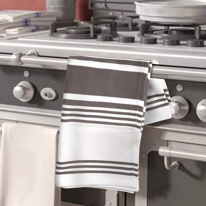 Urban Villa Kitchen Towels 100% Cotton Dish Towels for Kitchen (Set of 3) 20”x30” Dish Cloths Highly Absorbent Kitchen Linen Set with Hanging Loop Perfect for Drying Dishes Cleaning Towels-Grey White