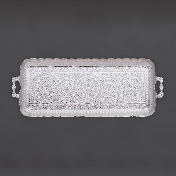 Alisveristime Turkish Ottoman Coffee Tea Beverage Serving Rectangle Tray (Small Tray) (13 INC*5.5 INC) (Silver)