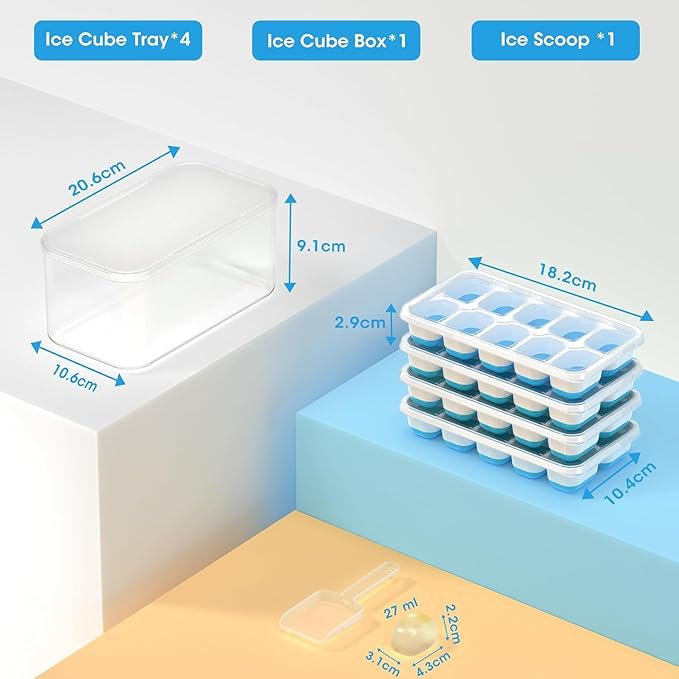 DOQAUS Ice Cube Tray with Lid and Bin - 4 Pack Silicone Ice Cube Trays for Freezer, Stackable Ice Bucket Kits with Storage Container & Scoop for Kitchen, RV, Cocktail, Coffee