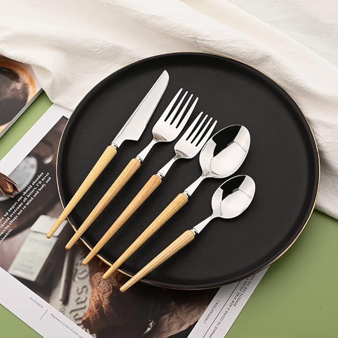 30-Piece Wood Handle Silverware Set 304 Stainless Steel Flatware Set Service For 10, Forks Spoons and Knives Set for Home, Restaurant, Wedding, Party (White Ash Wood)