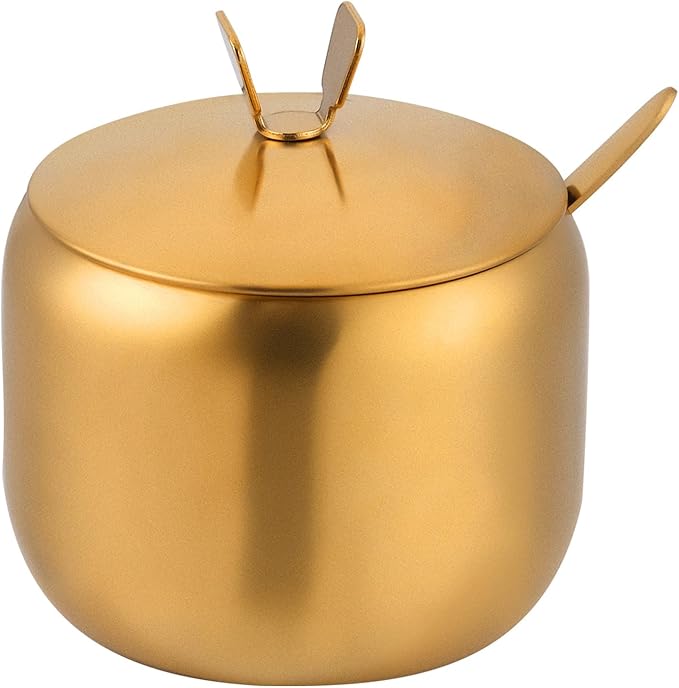 12oz Sugar Bowl with Lid and Spoon Stainless Steel Condiment Container for Kitchen Ghee Container Coffee Table Gold Spice Jars for Seasoning
