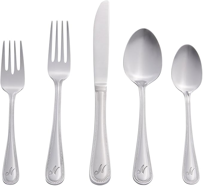 RiverRidge Monogrammed Beaded Flatware Set - N - 46-Piece Silverware with Custom Letter Stamp, 18/0 Stainless Steel Utensils Set for Daily Use & Special Occasions - Dishwasher Safe, Versatile Design