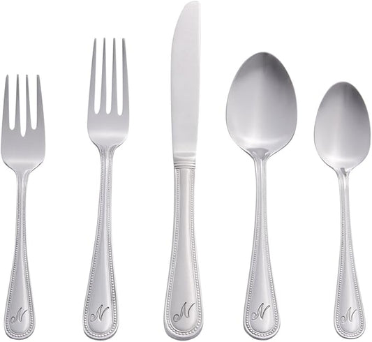 RiverRidge Monogrammed Beaded Flatware Set - N - 46-Piece Silverware with Custom Letter Stamp, 18/0 Stainless Steel Utensils Set for Daily Use & Special Occasions - Dishwasher Safe, Versatile Design
