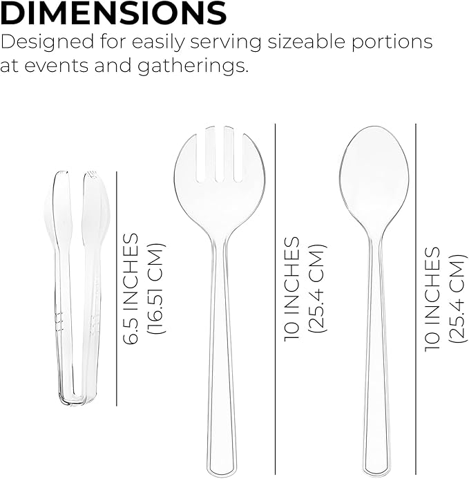 Set of 24 Heavy Duty Disposable Plastic Serving Utensils! 10” Spoons and Forks and 6-1/2” Tongs! Clear Serving Sets Perfect for Parties, Events, BBQ's and More! (24, Spoons-Forks-Tongs)