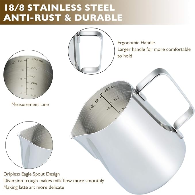 CAMKYDE Stainless Steel Milk Frothing Pitcher 12 oz, Espresso Steaming Pitcher with Decorating Pen for Espresso Machines, Cappuccino, Latte Art (Silver)