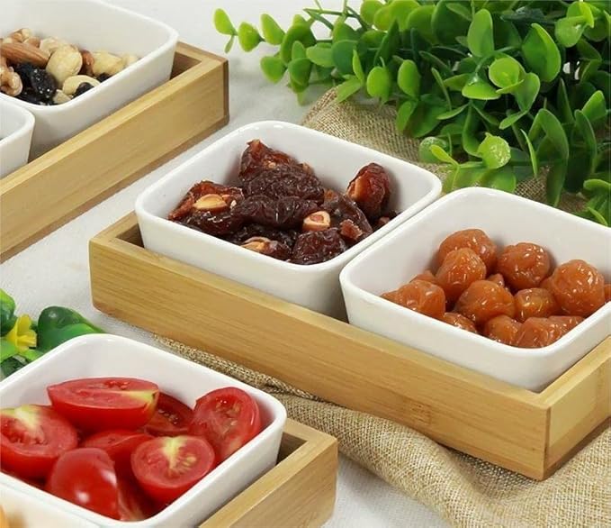 Ceramic Divided Serving Dishes, Serving Tray and Platter Ceramic Condiments Tray with Lids 2 Removable Appetizer Serving Bowls for Chips and Dip Condiment Fruit Veggies Nut Candy and Snacks
