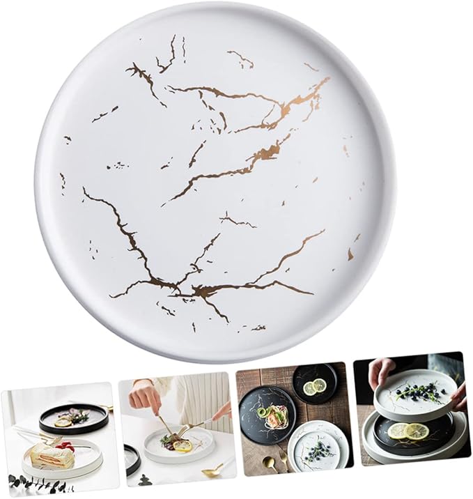 Amosfun Marble Dish Round Plate Ceramic Sushi Boat Tray Simple Decorative Plate
