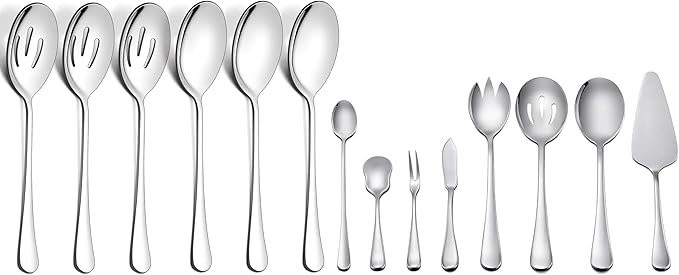 LIANYU 14 Piece Serving Spoons and Serving Utensils Set, Stainless Steel Serving Flatware Silverware Set with Slotted Spoons, Forks for Party Dinner, Mirror Finished, Dishwasher Safe