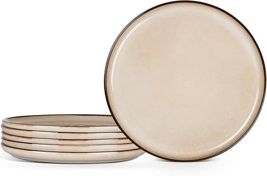 E-far 10.5” Ceramic Dinner Plates Set of 6, Large Reactive Glaze Stoneware Dishes, Round Salad Plate for Home Kitchen Restaurant, Microwave & Dishwasher Safe – Sandy Beige