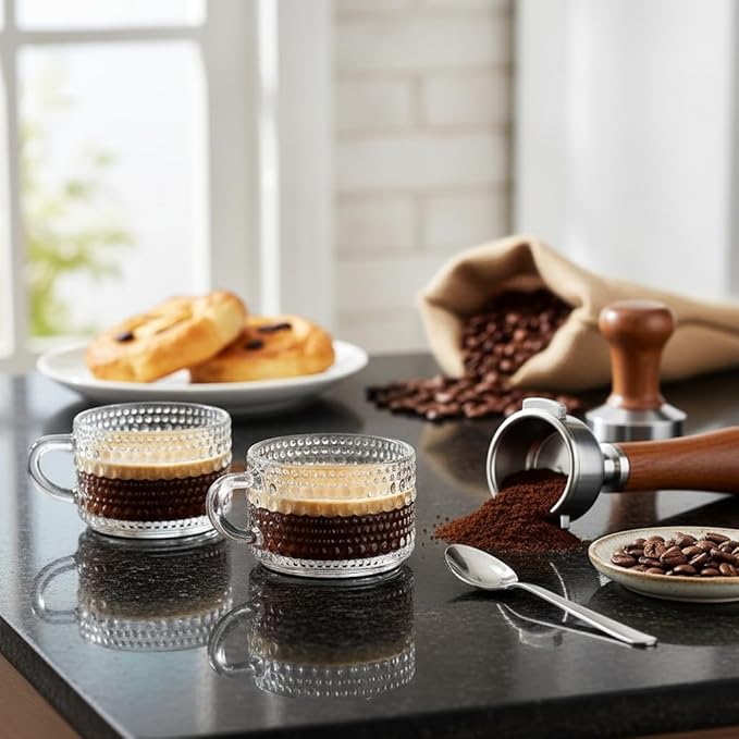 Espresso Cups, Set of 6 Shot Glasses 3 oz Coffee Espresso Mugs, Insulated Clear Thick Glass with Handle - Hobnail Embossed Mini Mugs Demitasse Cup Dishwasher Safe
