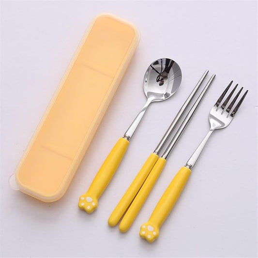 Cute Silverware Set, Cat Paw Ceramic Handle Dinnerware Set Flatware Kitchen Accessories Camping Travel Sets Fork Spoon Chopstick Portable Cutlery Sets with Case, Black Pink Blue Yellow Green