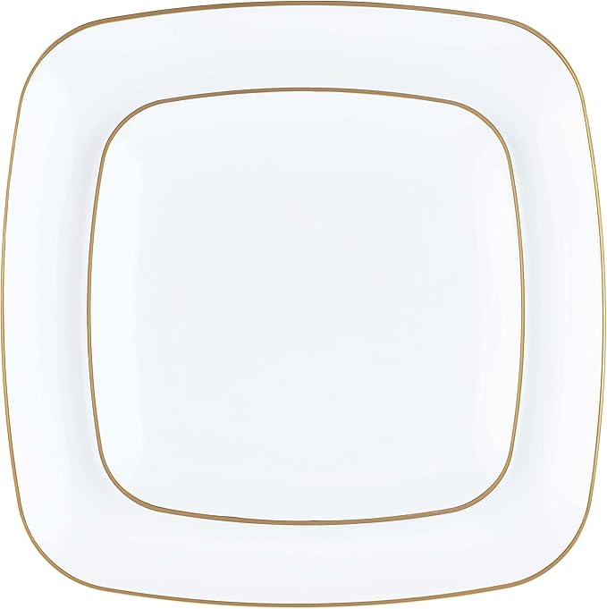 PLASTICPRO Square 128 Piece Combo Plates Set includes 64 x 7'' inch Plates & 64 x 10'' inch Dinner Plates White Plastic Gold Rim Design Party Plates, Premium heavyweight Elegant, Dishes,