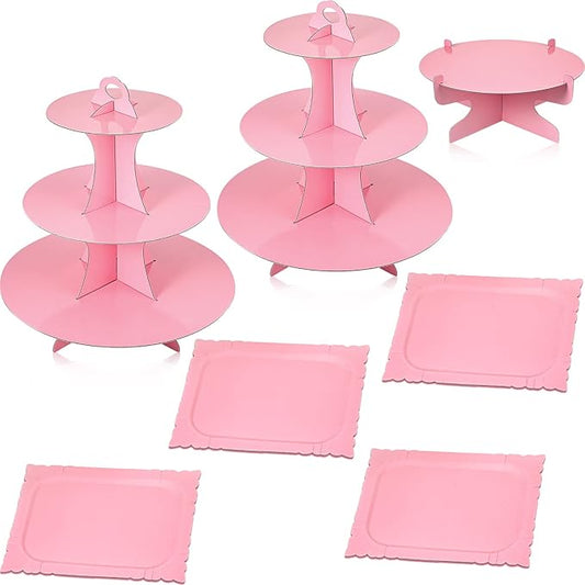 Zopeal 7 Pieces Cake Stand Set 3-Tier Cardboard Cupcake Stand 1-Tier Cupcake Display Round Rectangle Serving Tray Reusable Platters Cupcake Holders for Desserts Birthday Party(Pink)