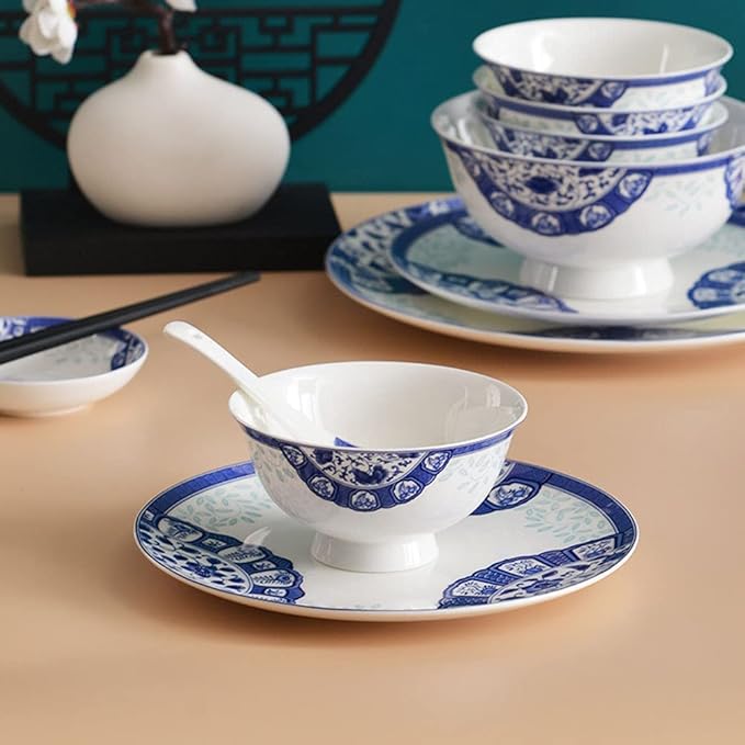 Creativity Ceramic Dinner Plate Sets, 58 Piece Dinnerware Set Service for 6-8, Blue and White Pattern Bone China Bowls and Dish Set