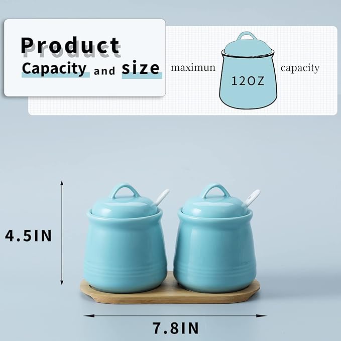 HAOTOP Ceramic Sugar Bowl 2 Pack, PorcelainJar with Tray, Spoon and Lid for Sugar, Pepper, Coffee, Spice, Salt, 12 Ounces (Blue)